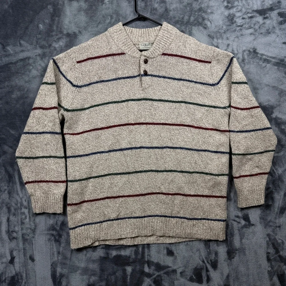LL Bean Sweater Mens XXL Tall Oatmeal Striped Lambswool Henley Knit 285777